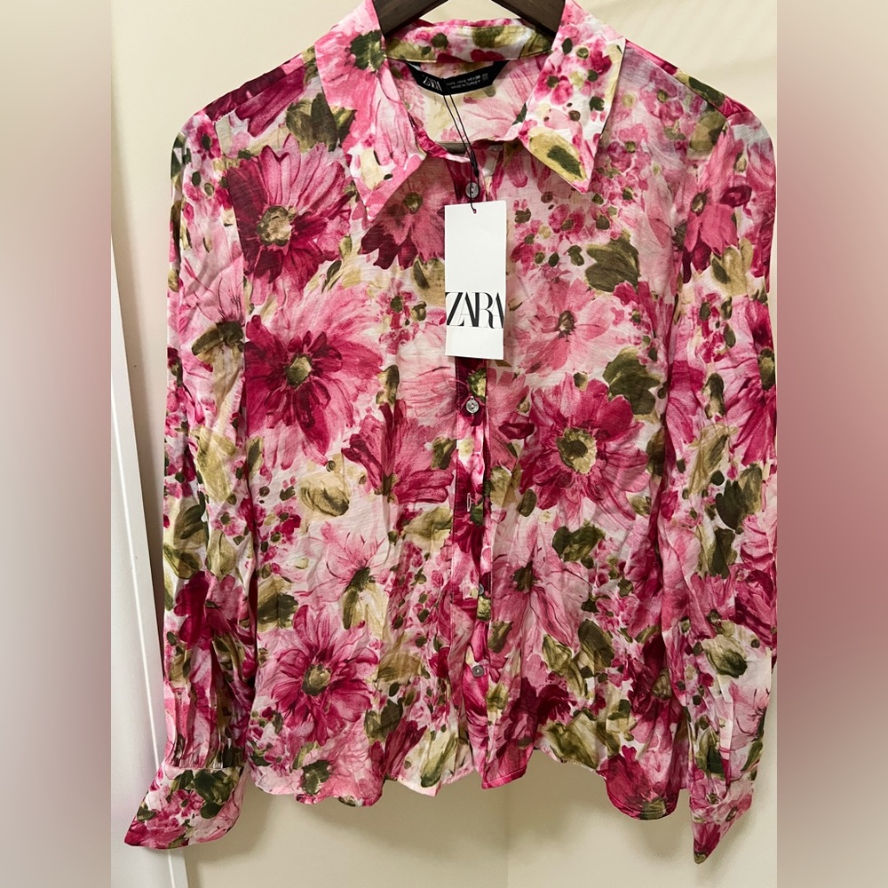 Zara Pink Notched Collar Buttoned Blouse